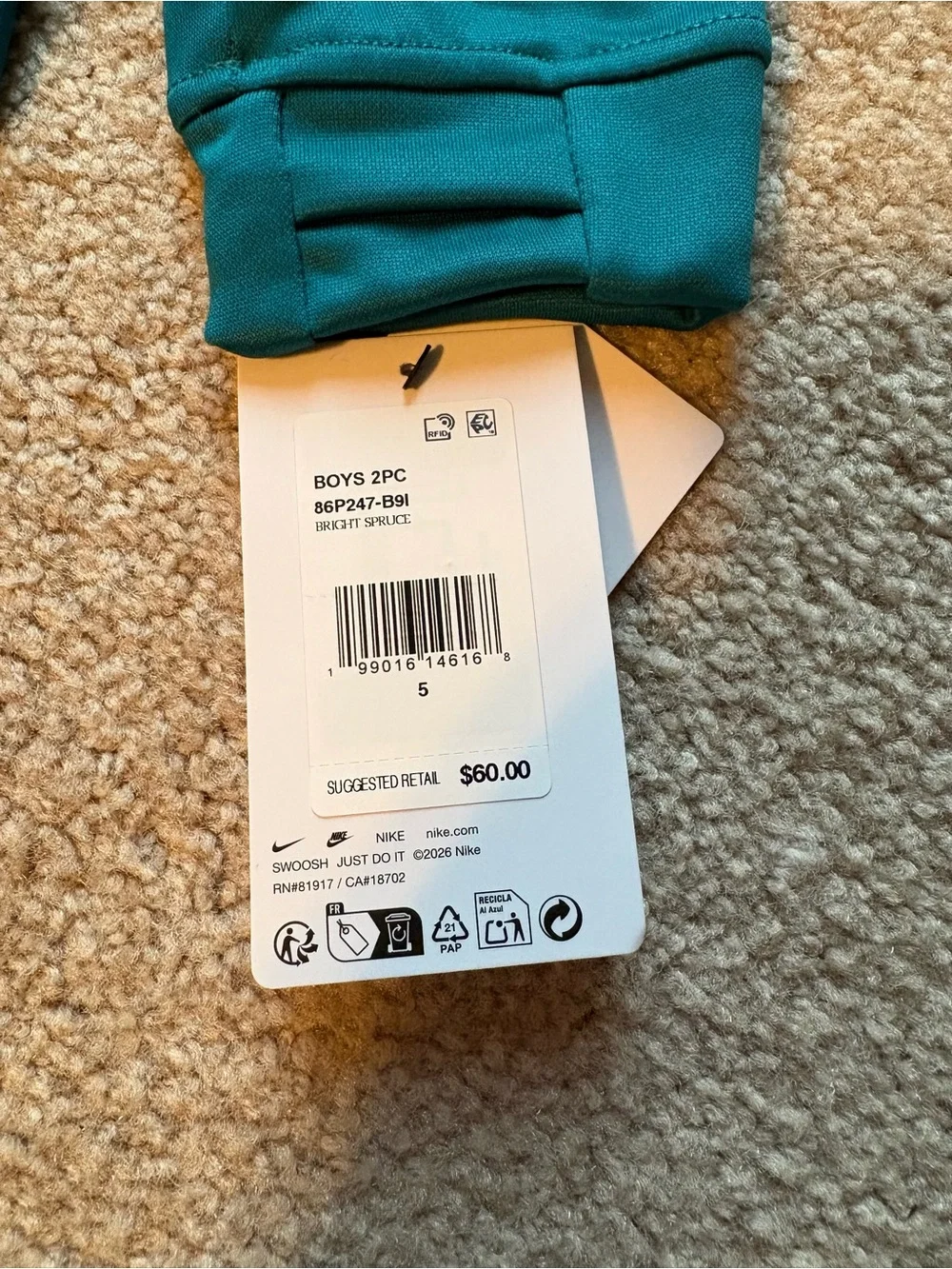 Nike Kids Boys Girls Teal Hoodie & Jogger sweatpants Set size 5 NWT